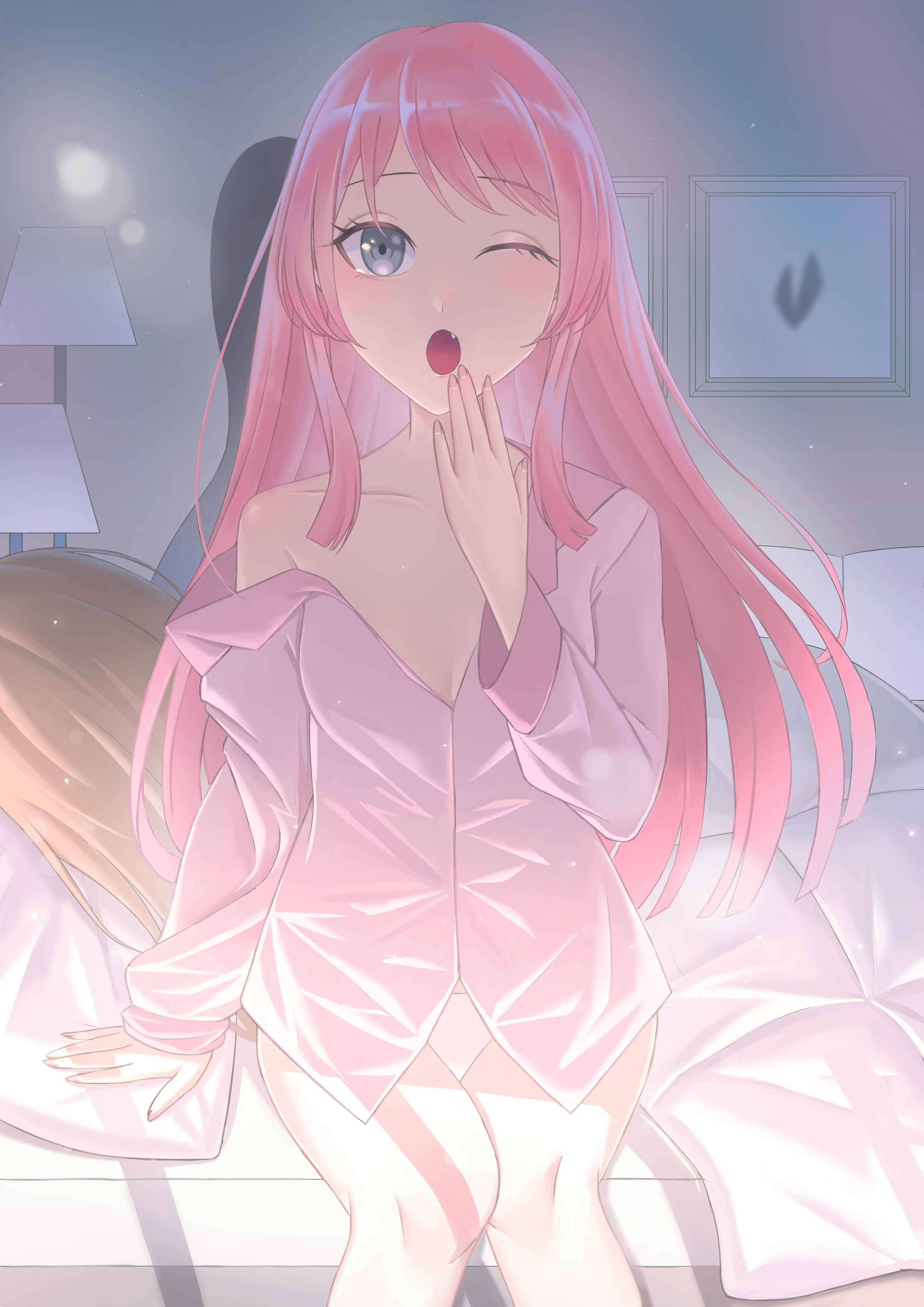 fat123, chihaya anon, nagasaki soyo, bang dream!, bang dream! it's mygo!!!!!, absurdres, chinese commentary, commentary request, highres, 2girls, breasts, brown hair, cleavage, fang, grey eyes, long hair, lying, multiple girls, open mouth, panties, pink hair, pink shirt, shirt, single off shoulder, sitting, underwear, white panties, yawning