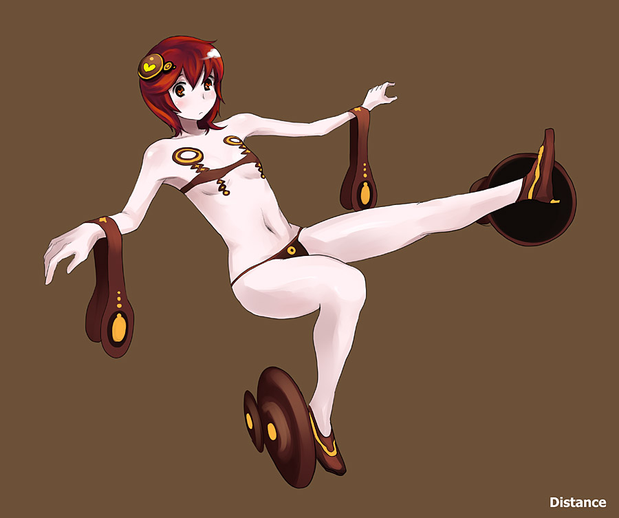 sanae (satansanae), original, 1girl, female focus, navel, red hair, short hair, solo