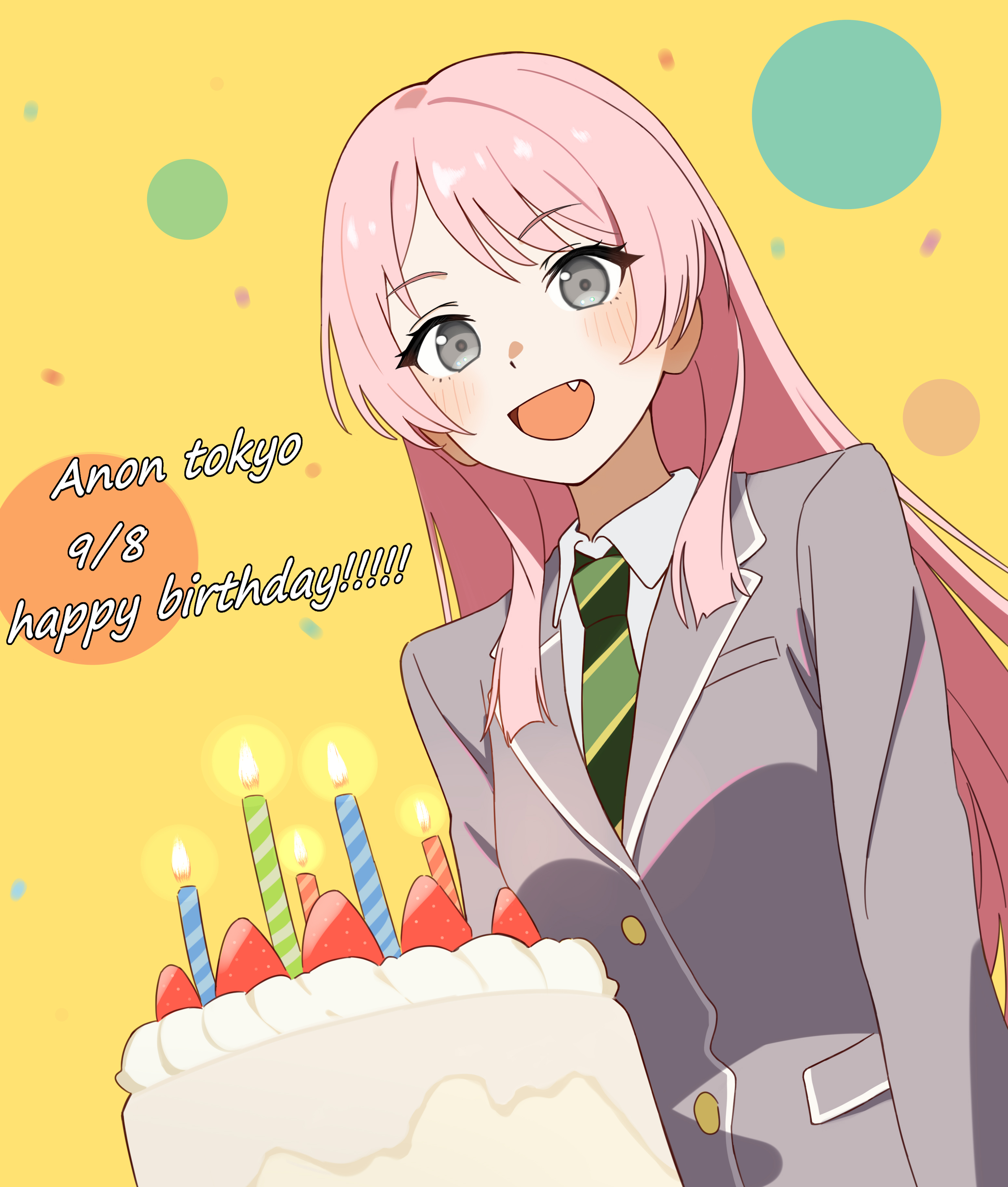 add leir, chihaya anon, bang dream!, bang dream! it's mygo!!!!!, absurdres, chinese commentary, commentary request, highres, 1girl, birthday cake, blush, cake, diagonal-striped clothes, diagonal-striped necktie, fang, food, green necktie, grey eyes, grey jacket, haneoka school uniform, happy birthday, jacket, long hair, necktie, open mouth, pink hair, school uniform, solo, striped clothes, yellow background