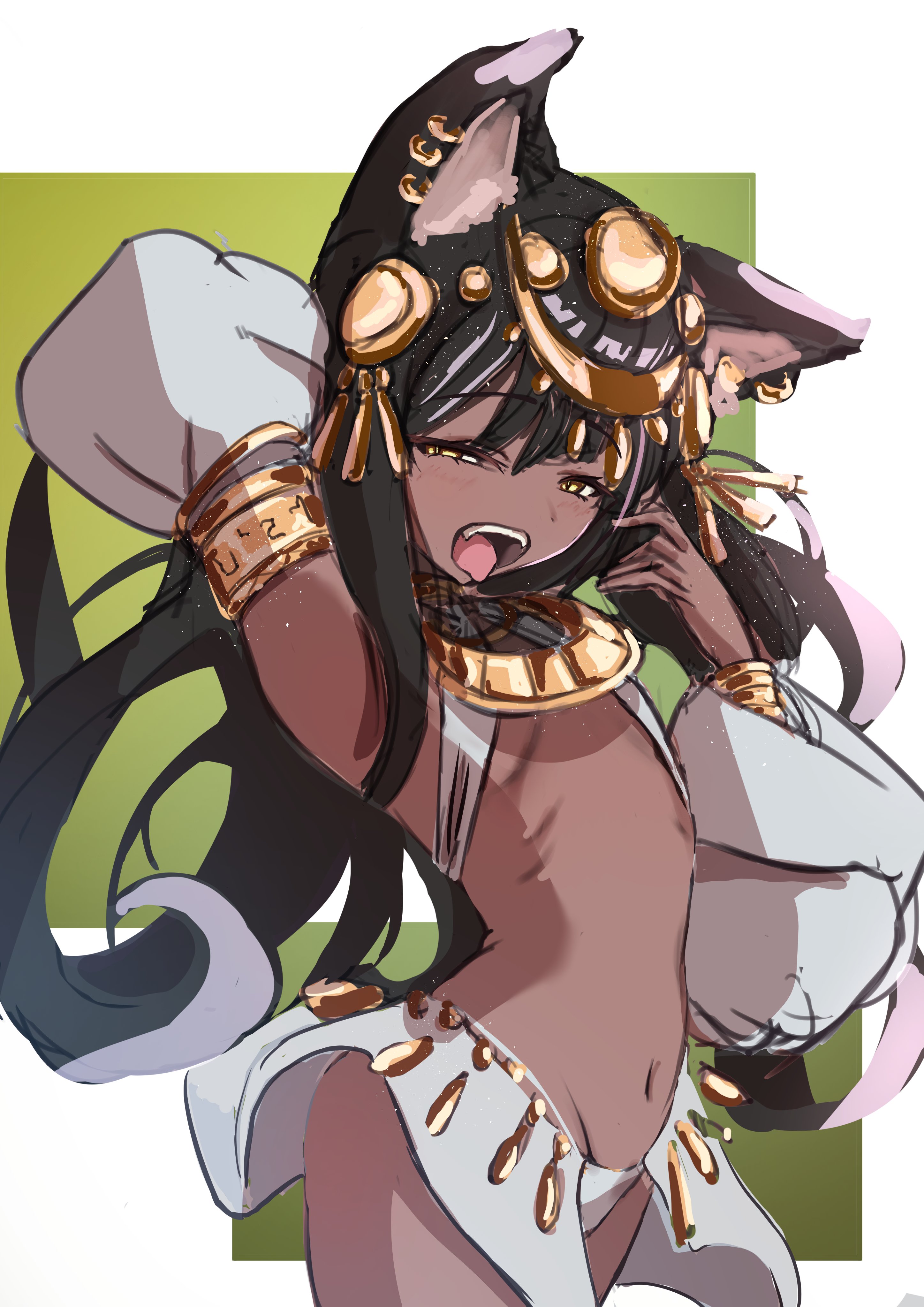 choko bike, bastet (mythology), egyptian mythology, original, absurdres, highres, 1girl, ancient egyptian, ancient egyptian clothes, animal ears, black hair, cat ears, cat girl, cat tail, dark-skinned female, dark skin, jewelry, open mouth, simple background, solo, tail, usekh collar