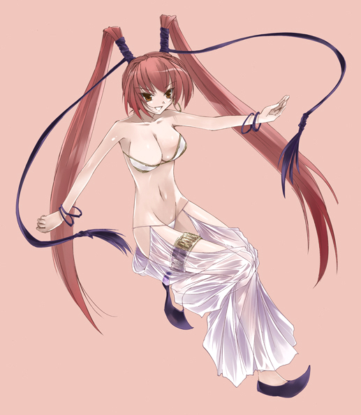 sanada hideki, 1girl, bikini, bikini top only, bracelet, breasts, cleavage, dancer, female focus, full body, jewelry, large breasts, long hair, navel, shoes, simple background, solo, swimsuit, twintails, very long hair, white bikini