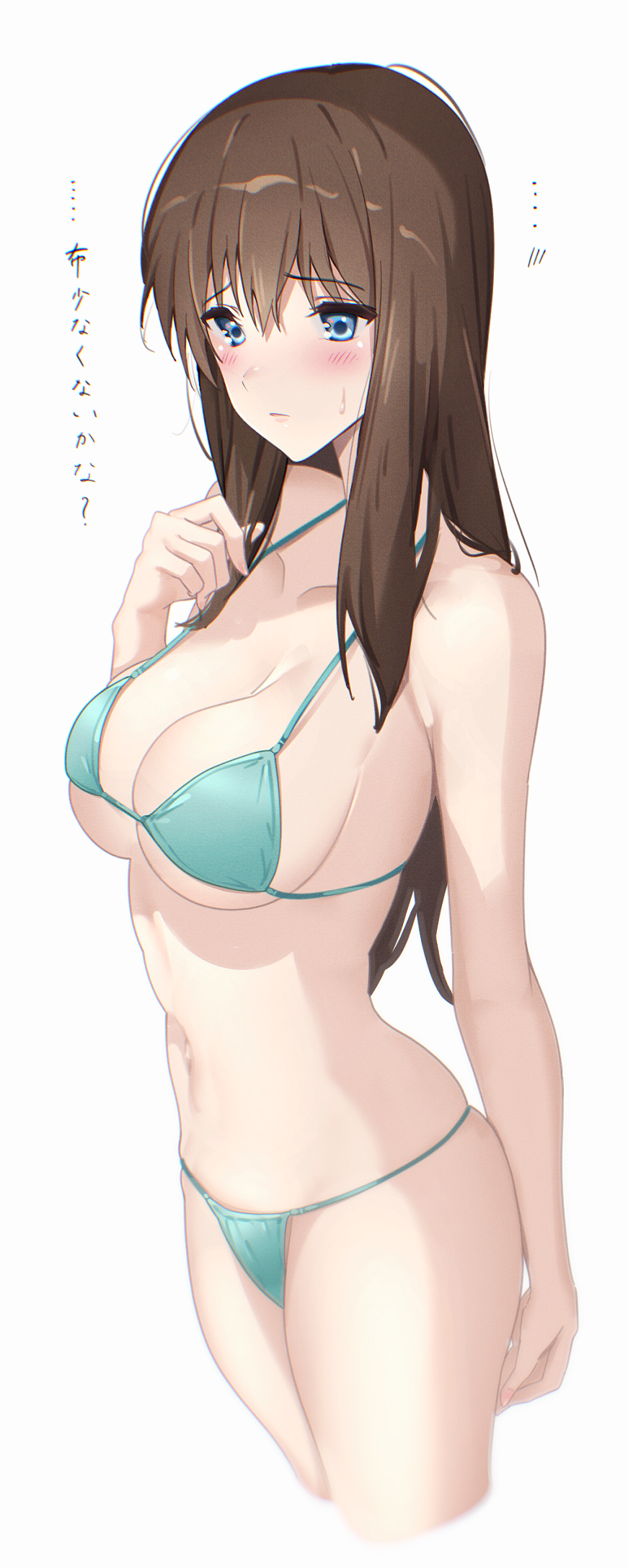 lie lack1080, kuroe mayu, hibike! euphonium, commentary request, commission, highres, skeb commission, translation request, 1girl, bikini, blue bikini, blue eyes, blush, breasts, brown hair, cleavage, closed mouth, hair between eyes, large breasts, long hair, solo, sweatdrop, swimsuit
