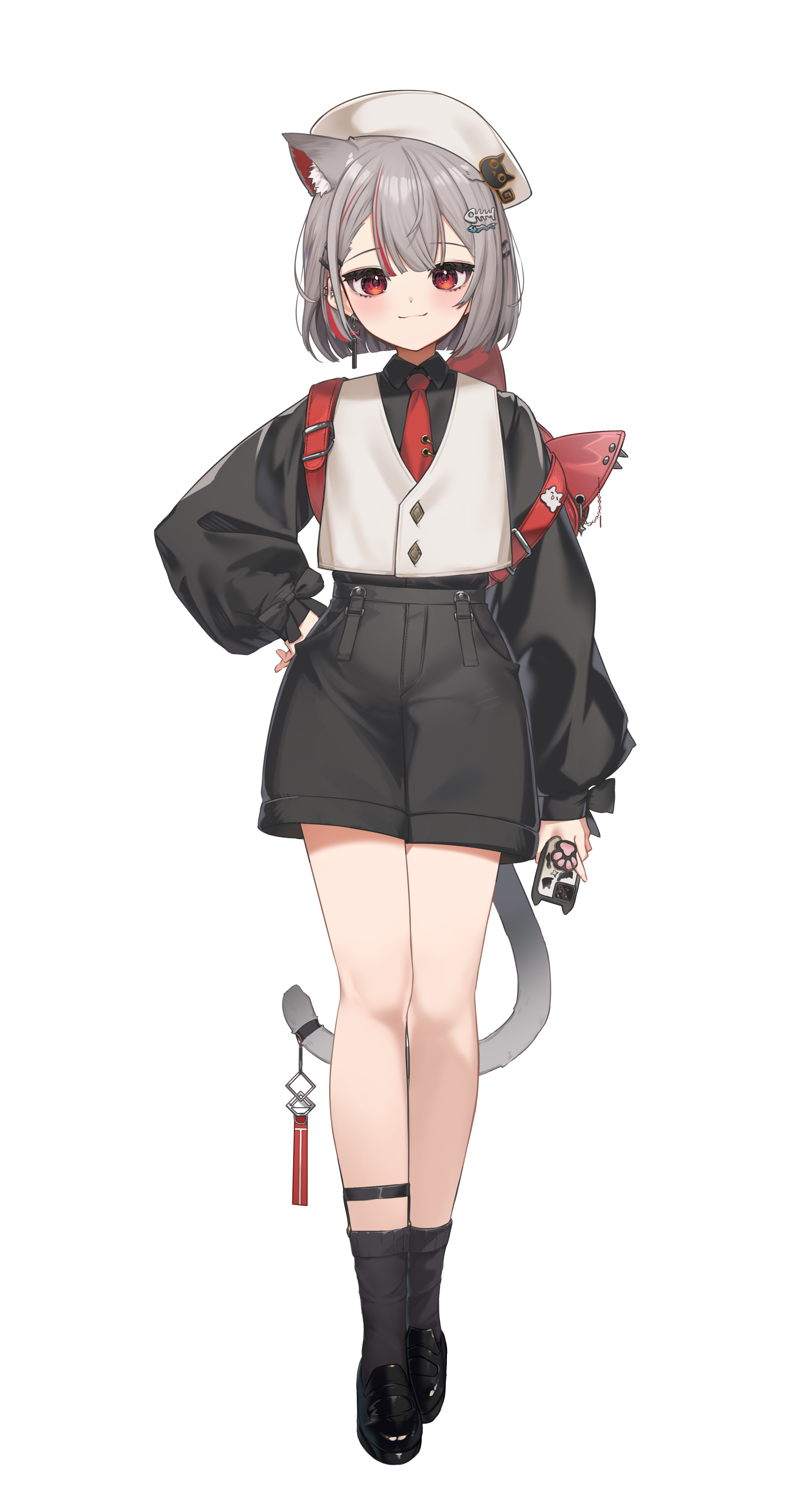 nanana narang, neneko mashiro, stellive, absurdres, highres, 1girl, animal ears, backpack, bag, black shirt, black shoes, black shorts, black socks, cat ears, cat girl, cat tail, cellphone, closed mouth, collared shirt, extra ears, full body, grey hair, hand on own hip, holding, holding phone, long sleeves, looking at viewer, multicolored hair, necktie, phone, red eyes, red hair, red necktie, shirt, shoes, short hair, shorts, simple background, smartphone, smile, socks, solo, standing, streaked hair, tail, virtual youtuber, white background