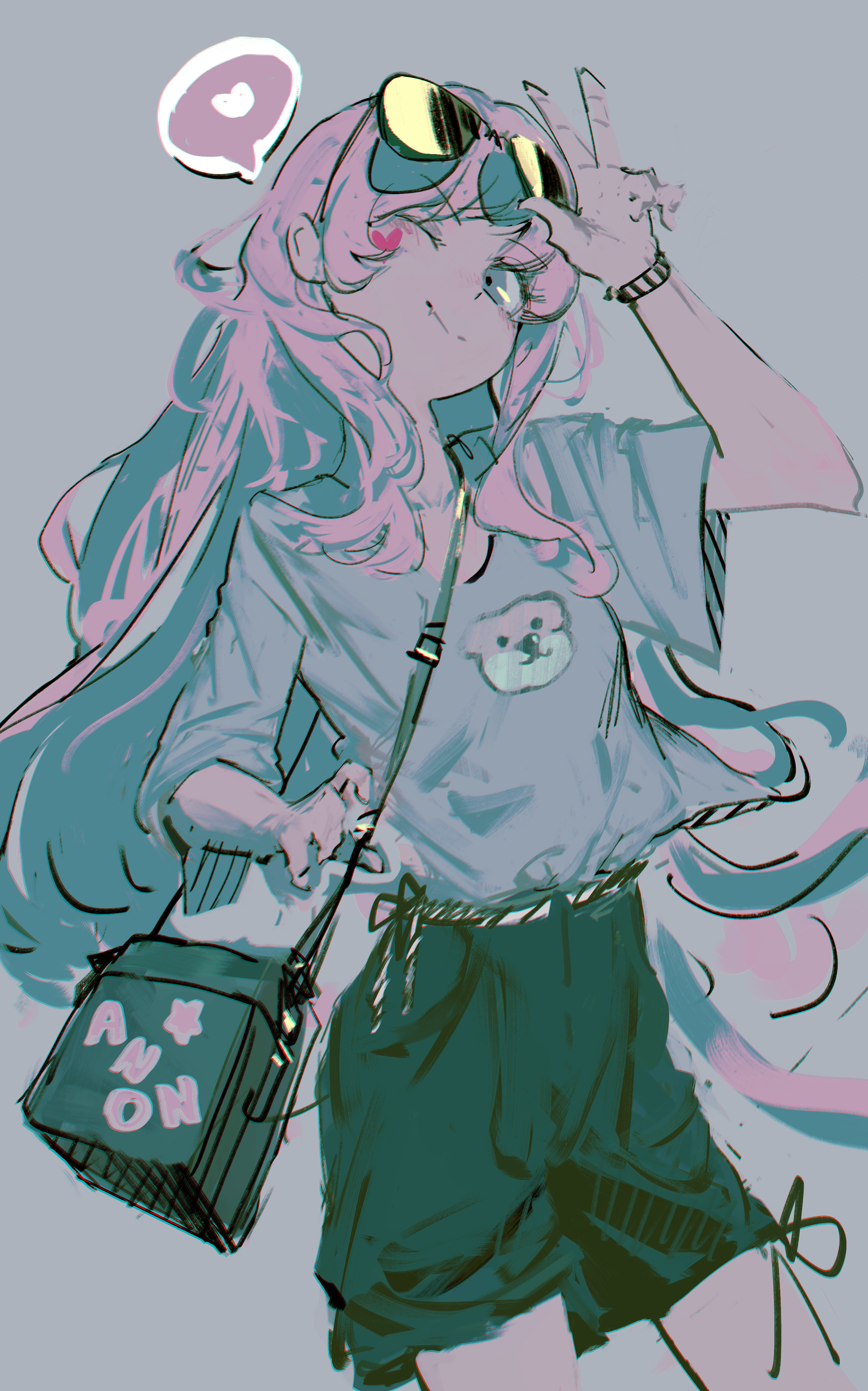 lemtun, chihaya anon, bang dream!, bang dream! it's mygo!!!!!, absurdres, commentary, highres, 1boy, bag, black shorts, closed mouth, eyewear lift, fang, grey eyes, grey shirt, heart, long hair, pink hair, shirt, short sleeves, shorts, shoulder bag, solo, spoken heart, sunglasses, w