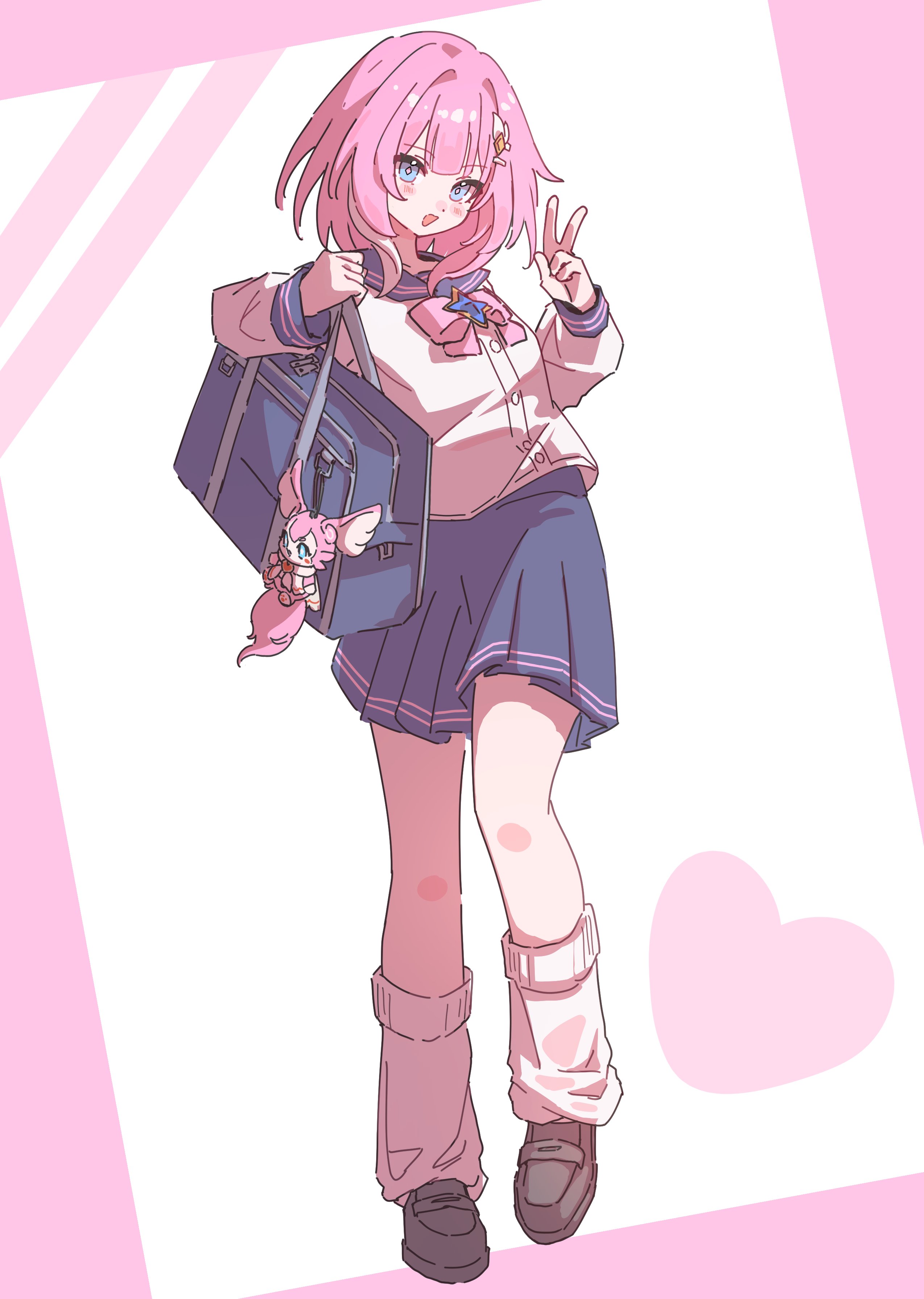 neneneneko, cyrene (honkai: star rail), honkai: star rail, honkai (series), absurdres, highres, 1girl, bag, blue eyes, blue skirt, breasts, brown shoes, character charm, charm (object), dress, hair ornament, hashtag, leggings, multicolored hair, official alternate costume, open mouth, pink hair, pleated dress, school uniform, serafuku, shoes, short hair, shoulder bag, skirt, small breasts, solo, two-tone hair, v, white hair, white leggings, white serafuku