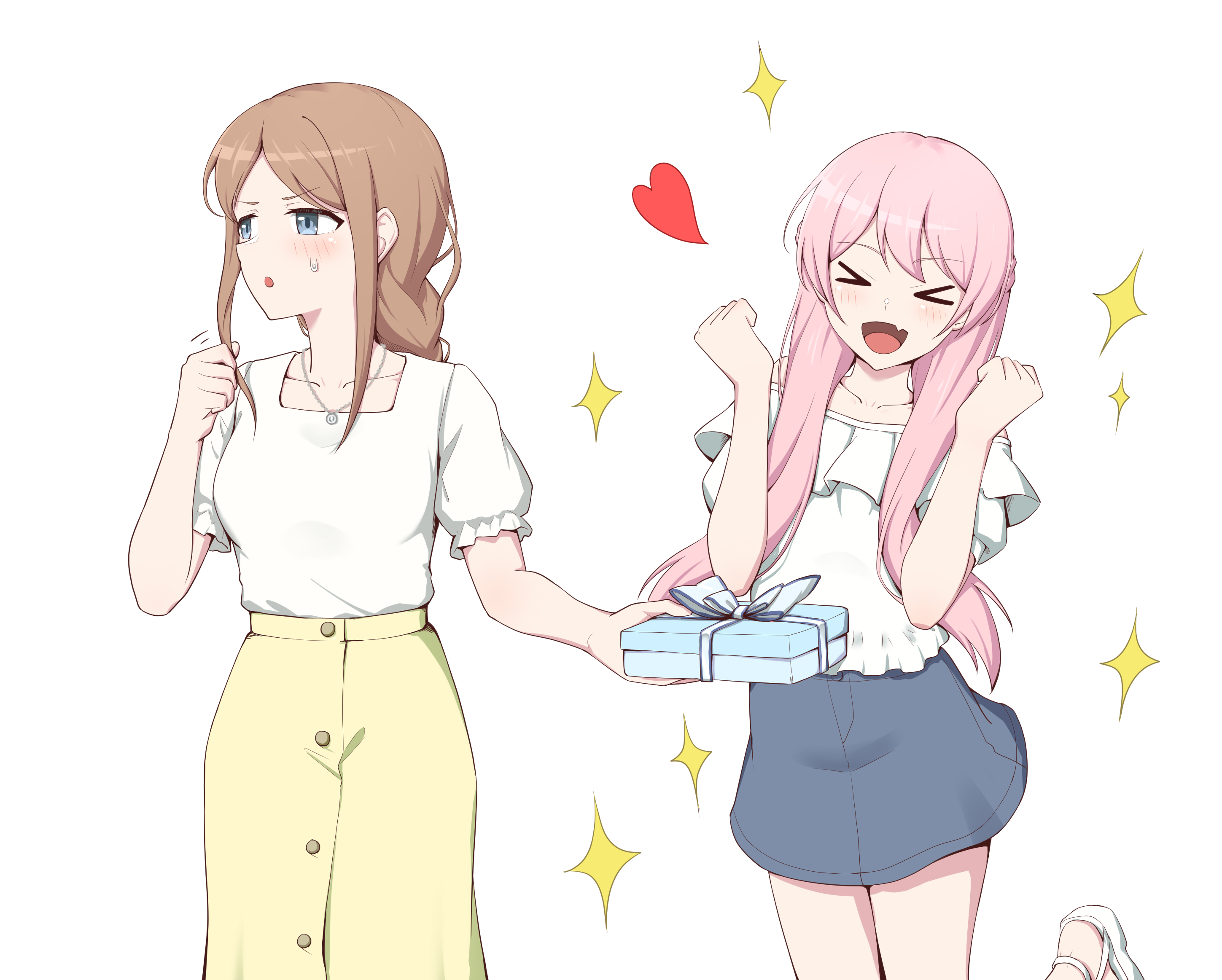 anglediana, chihaya anon, nagasaki soyo, bang dream!, bang dream! it's mygo!!!!!, chinese commentary, commentary request, highres, > <, 2girls, blue eyes, blue skirt, blush, braid, brown hair, closed eyes, fang, gift, heart, long hair, multiple girls, off-shoulder shirt, off shoulder, open mouth, pink hair, shirt, short sleeves, sidelocks, simple background, skin fang, skirt, sparkle, twirling hair, white background, white shirt