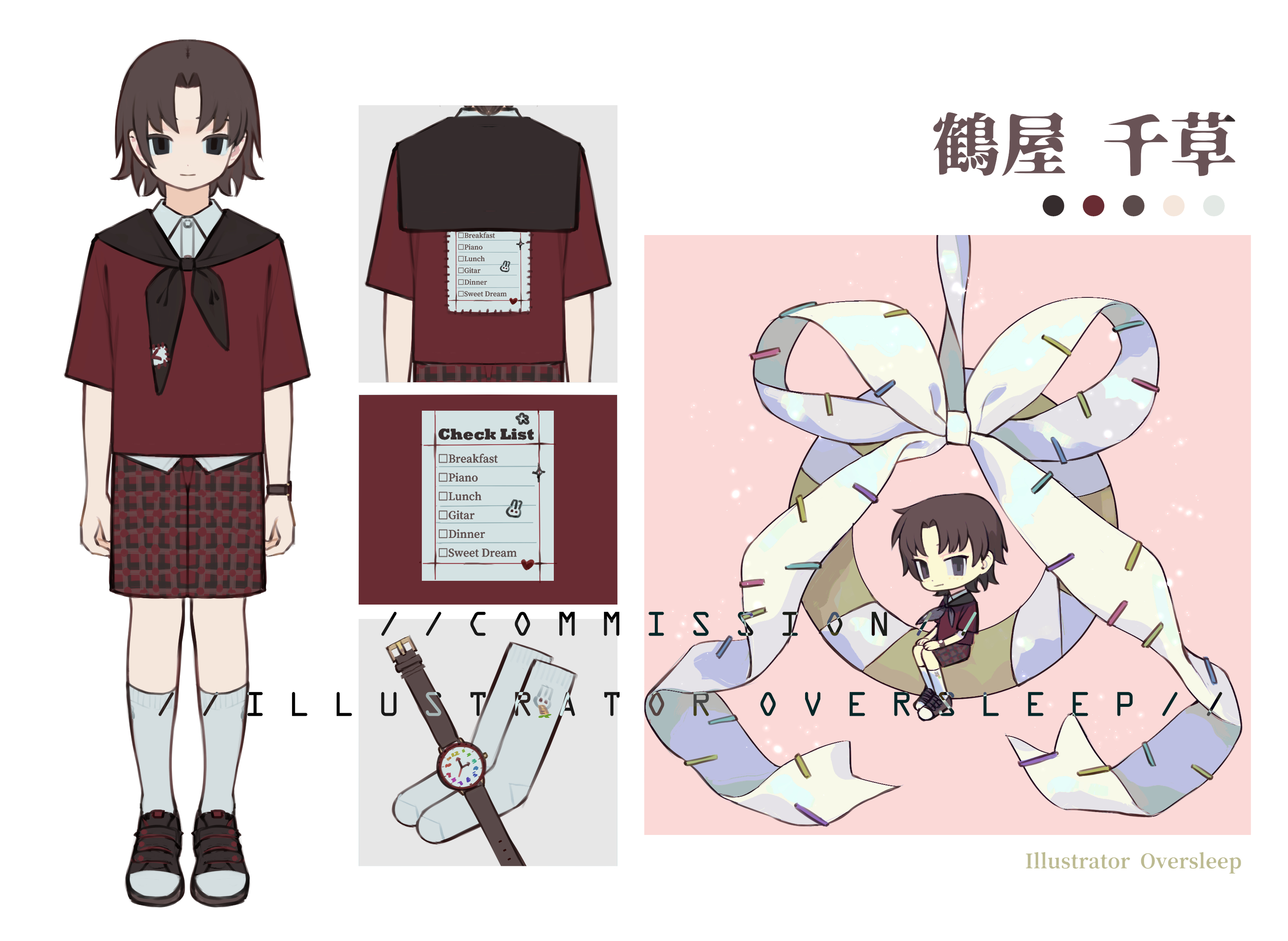 oversleep, original, highres, 1boy, black eyes, black neckerchief, black sailor collar, brown hair, character name, chinese text, color guide, english text, full body, male focus, mini person, multiple views, neckerchief, parted bangs, red shirt, red shorts, reference sheet, ribbon, sailor collar, shirt, shoes, short hair, short sleeves, shorts, simple background, socks, standing, watch, white socks, wristwatch