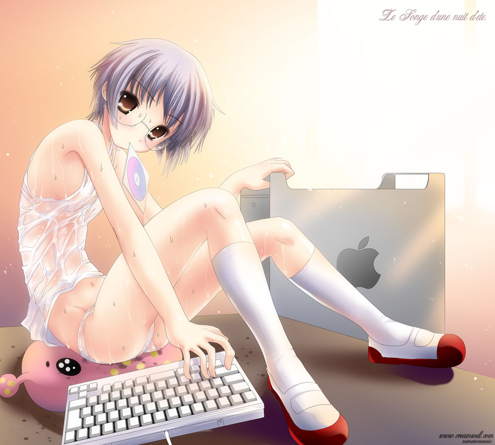 namamo nanase, nagato yuki, apple inc., macintosh, suzumiya haruhi no yuuutsu, 00s, 1girl, brown eyes, computer, computer keyboard, female focus, glasses, kneehighs, panties, see-through clothes, short hair, socks, solo, tank top, underwear, wet, wet clothes