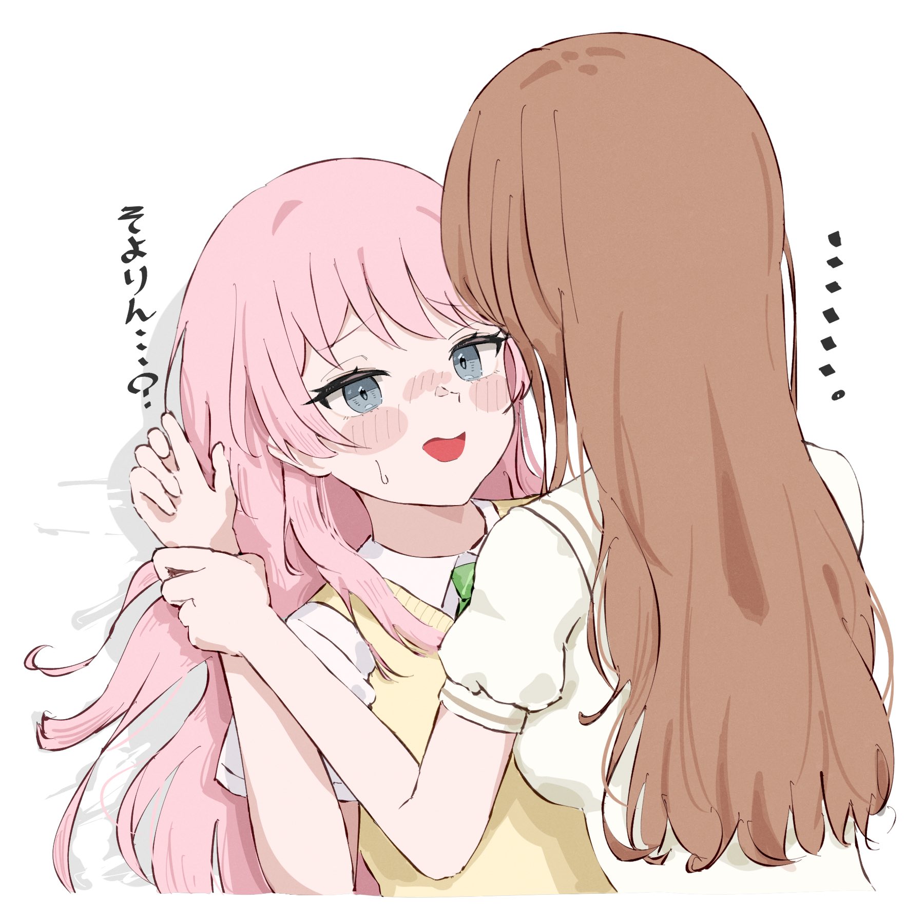 opuricheri, chihaya anon, nagasaki soyo, bang dream!, bang dream! it's mygo!!!!!, commentary request, highres, translated, 2girls, blush, brown hair, brown sweater vest, green necktie, grey eyes, haneoka school uniform, holding another's wrist, long hair, multiple girls, necktie, open mouth, pink hair, school uniform, shirt, sweatdrop, sweater vest, tsukinomori school uniform, white shirt, yuri
