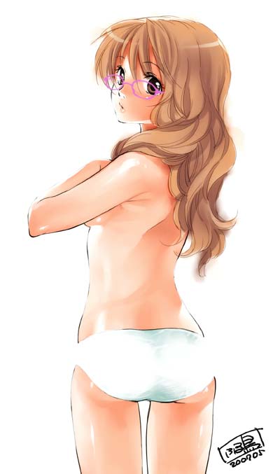 furudori yayoi, 1girl, female focus, glasses, panties, solo, topless female, underwear