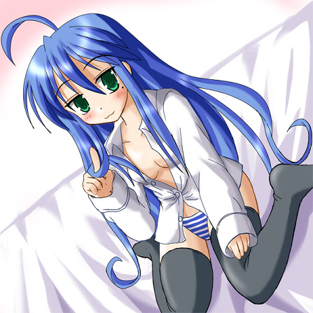 hiiragi tomoka, izumi konata, lucky star, lowres, 00s, 1girl, dress shirt, female focus, mole, mole under eye, panties, shirt, solo, striped clothes, striped panties, thighhighs, underwear