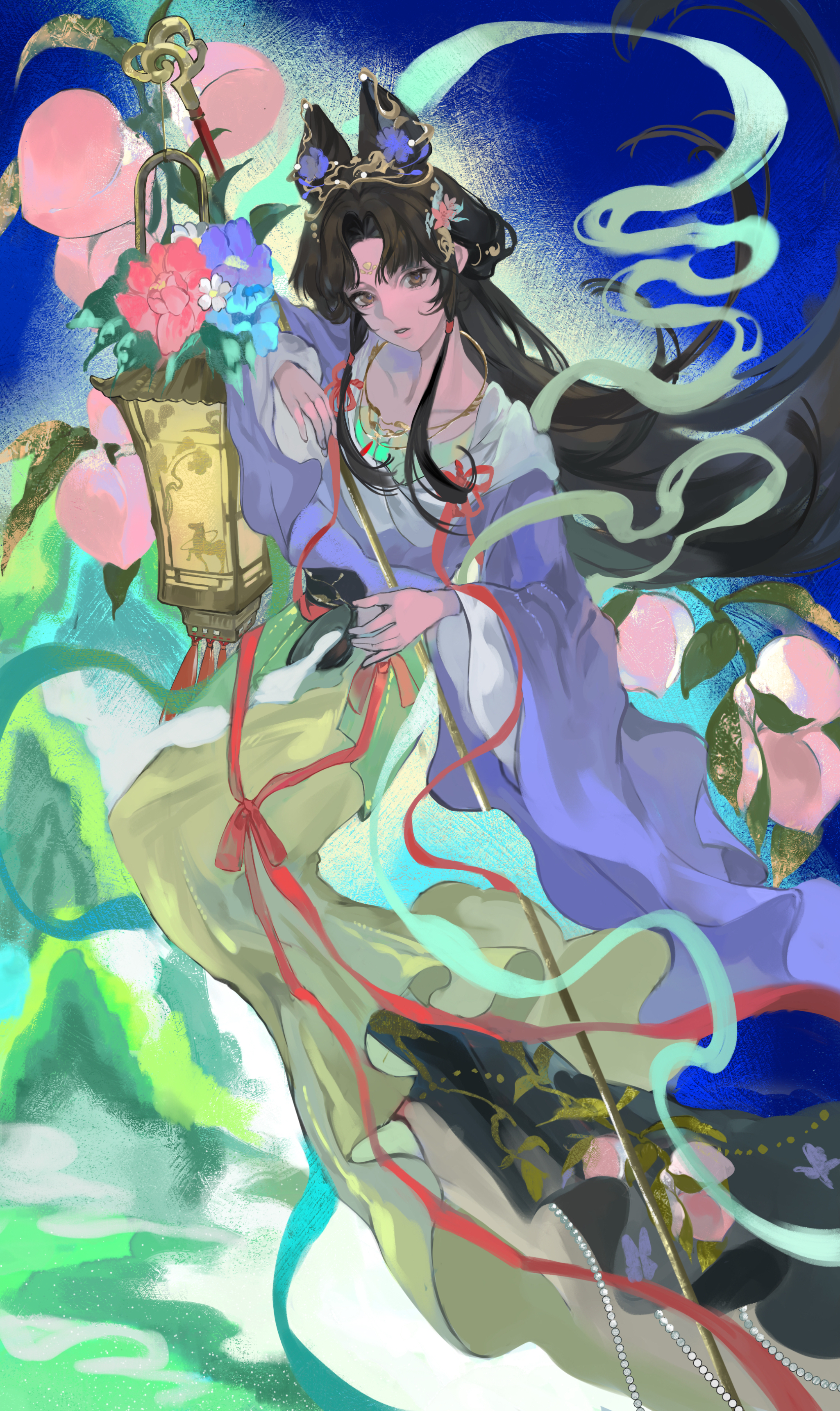 jiu niangzi, jiu niangzi (blossom spring fairy), reverse:1999, absurdres, highres, 1girl, black hair, blue background, cloud, flower, food, fruit, full body, hagoromo, hair bun, hair flower, hair ornament, holding, holding lantern, lantern, long hair, long skirt, mountain, official alternate costume, peach, pink flower, purple flower, purple hanfu, saigao jiang, shawl, skirt, solo, white shawl, wide sleeves, yellow skirt