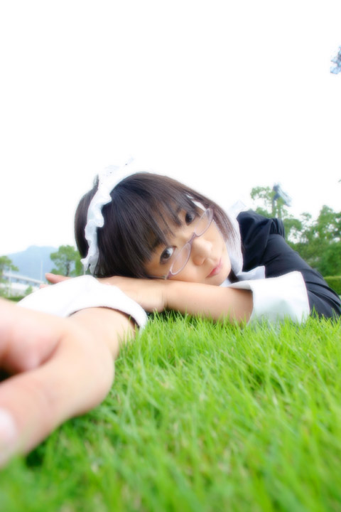 chocoball, cosplay photo, off-topic, photo (medium), asian, glasses, grass, lying, maid, solo
