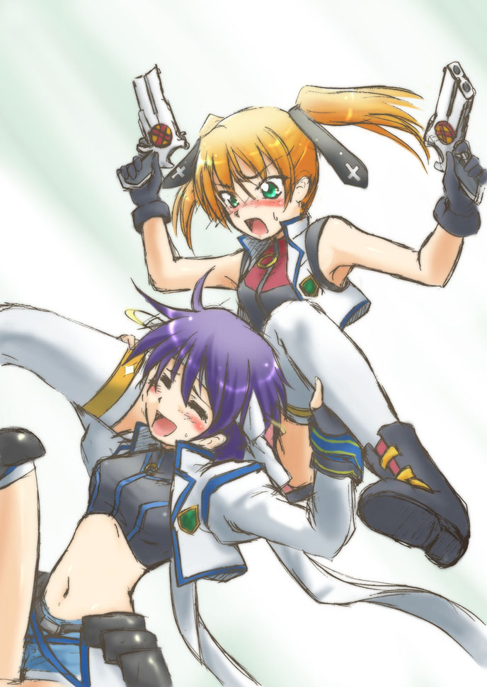 cross mirage, subaru nakajima, teana lanster, lyrical nanoha, mahou shoujo lyrical nanoha, mahou shoujo lyrical nanoha strikers, 00s, 2girls, blush, gloves, gun, handgun, midriff, multiple girls, piggyback, pistol, thighhighs, weapon