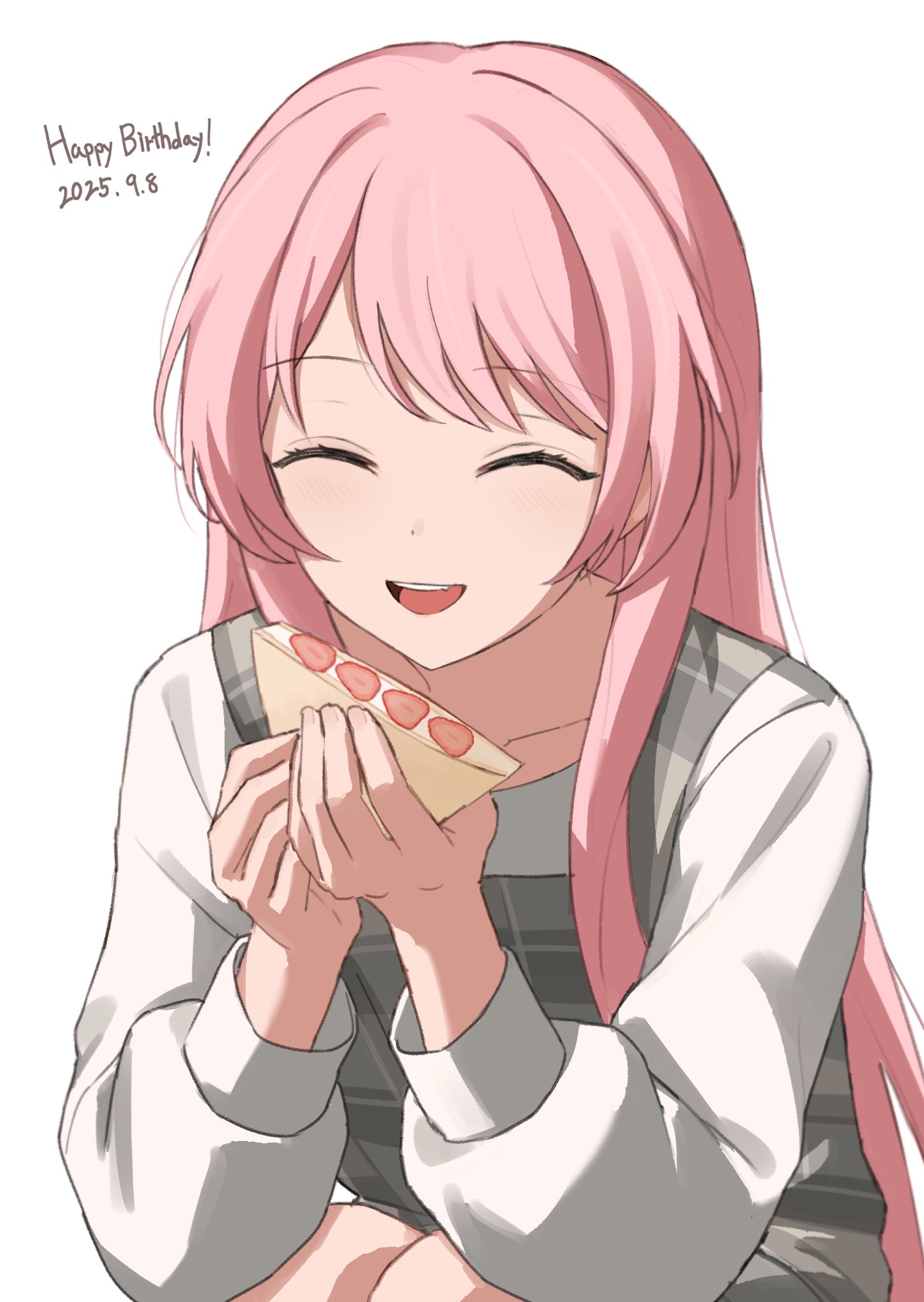 merlin (mer71n), chihaya anon, bang dream!, bang dream! it's mygo!!!!!, commentary, highres, 1girl, ^ ^, blush, closed eyes, dated, dress, fang, grey dress, happy birthday, long hair, long sleeves, open mouth, pinafore dress, pink hair, plaid clothes, plaid dress, shirt, simple background, sleeveless, sleeveless dress, solo, strawberry sandwich, teeth, upper teeth only, white background, white shirt