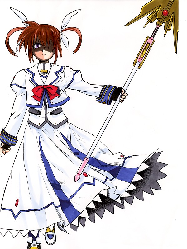 raising heart, raising heart (exelion mode), takamachi nanoha, takamachi nanoha (sacred mode), lyrical nanoha, mahou shoujo lyrical nanoha, mahou shoujo lyrical nanoha strikers, 00s, 1girl, bow, female focus, fingerless gloves, gloves, magazine (weapon), magical girl, purple eyes, red bow, red hair, shaded face, solo, twintails, white devil