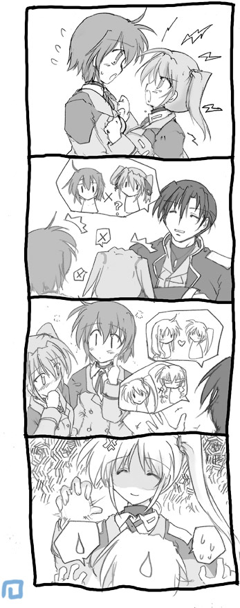 fate testarossa, subaru nakajima, takamachi nanoha, teana lanster, vice granscenic, vita (nanoha), lyrical nanoha, mahou shoujo lyrical nanoha, mahou shoujo lyrical nanoha strikers, 00s, 1boy, 3girls, chibi, comic, greyscale, heart, military, military uniform, monochrome, multiple girls, side ponytail, silent comic, sweatdrop, twintails, white devil