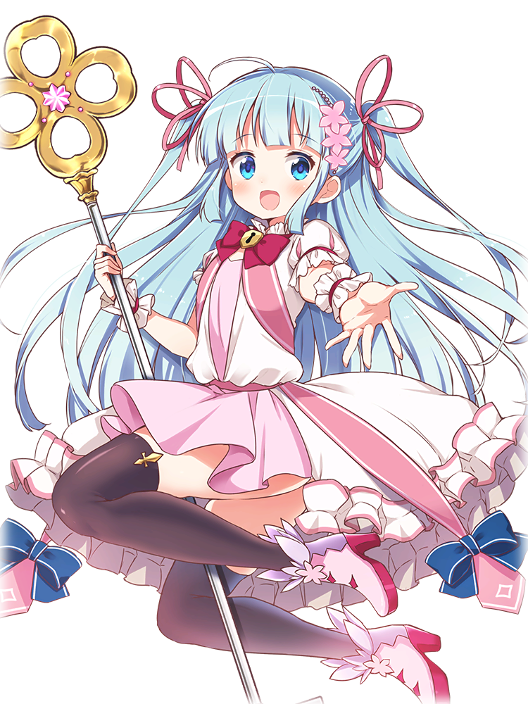 kounosu satori, clea (kirara fantasia), kirara fantasia, official art, 1girl, :d, aqua hair, black thighhighs, blue bow, blue eyes, blunt bangs, bow, bowtie, breasts, dress, eyebrows hidden by hair, floating hair, flower, frilled sleeves, frills, full body, hair flower, hair ornament, jewelry, jumping, keyhole, long hair, open mouth, pendant, pink bow, pink dress, pleated dress, puffy short sleeves, puffy sleeves, reaching, reaching towards viewer, red bow, scrunchie, short sleeves, small breasts, smile, socks, solo, standing, thighhighs, thighs, two-tone dress, two side up, very long hair, white dress, wrist scrunchie, zettai ryouiki