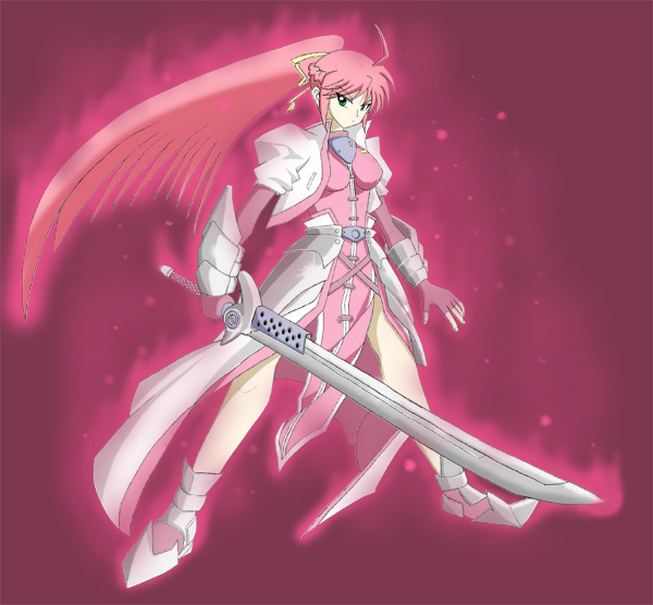 signum, lyrical nanoha, mahou shoujo lyrical nanoha, mahou shoujo lyrical nanoha a's, mahou shoujo lyrical nanoha strikers, 00s, 1girl, ahoge, aura, female focus, long hair, pink hair, ponytail, solo, very long hair, waist cape, weapon