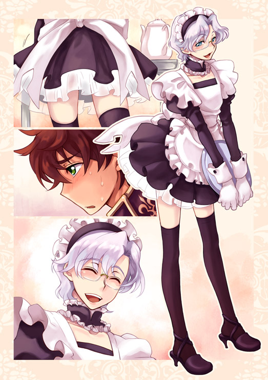 kururugi suzaku, lloyd asplund, code geass, black legwear, silver hair, 00s, 2boys, alternate costume, blue eyes, blush, brown hair, closed eyes, crossdressing, crossdressing (mtf), enmaided, glasses, green eyes, maid, maid headdress, male focus, male maid, multiple boys, open mouth, short hair, smile, sweat, thighhighs, trap