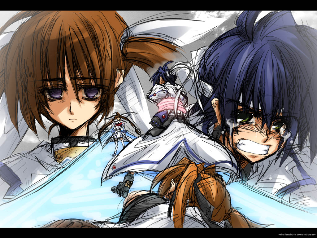 subaru nakajima, takamachi nanoha, teana lanster, lyrical nanoha, mahou shoujo lyrical nanoha, mahou shoujo lyrical nanoha strikers, 00s, 3girls, blue eyes, brown hair, clenched teeth, dress, empty eyes, hair ornament, headband, letterboxed, looking at viewer, multiple girls, purple eyes, shaded face, sketch, tears, teeth, twintails, upper body, white devil, white dress