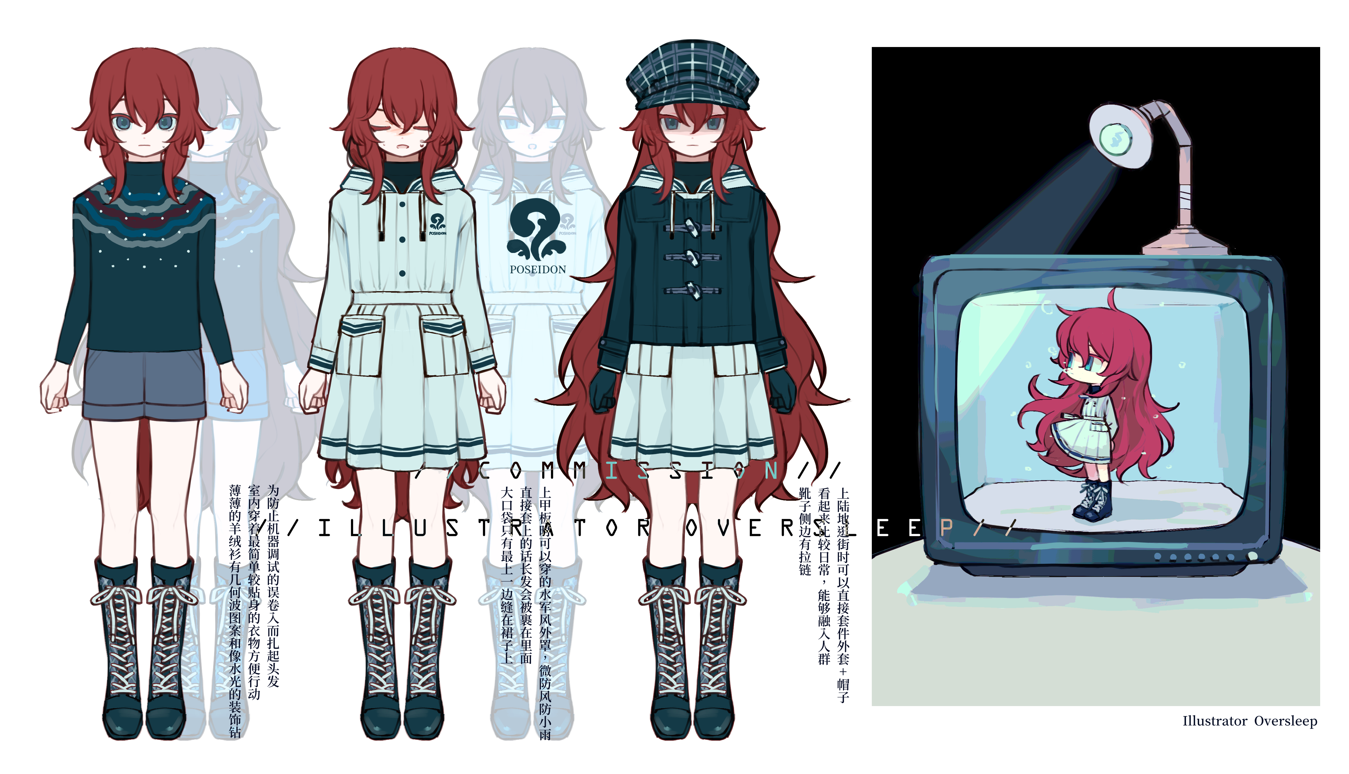 oversleep, original, absurdres, highres, 1girl, blue eyes, blue hair, blue hat, blue jacket, blue shorts, blue sweater, boots, chibi, chibi inset, chibi only, closed eyes, english text, full body, hair between eyes, hat, hood, hooded jacket, jacket, lace-up boots, lamp, long hair, long sleeves, mini person, multiple views, red hair, reference sheet, shorts, simple background, skirt, standing, sweater, television, very long hair, wavy hair, white skirt