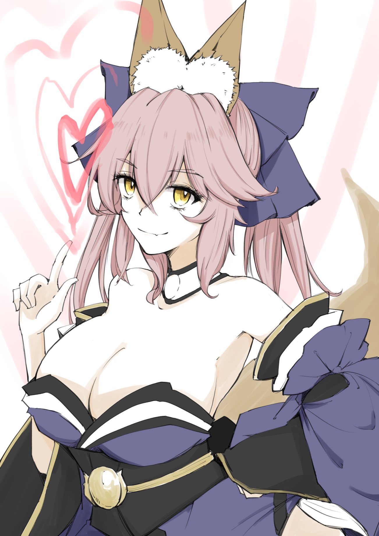 ystrann, tamamo no mae (fate), fate/grand order, fate (series), tamamo (fate), highres, 1girl, animal ear fluff, animal ears, bare shoulders, blue kimono, blush, bow, breasts, cleavage, ears through headwear, fox ears, fox girl, fox tail, hair bow, japanese clothes, kimono, large breasts, long hair, looking at viewer, obi, pink hair, ribbon, sash, smile, solo, tail, yellow eyes