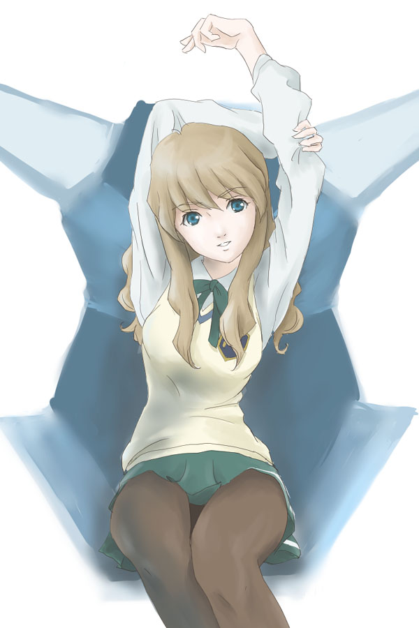 minato (zegapain), zegapain, 00s, arms up, pantyhose, school uniform, serafuku, solo, stretching, sweater, sweater vest, vest