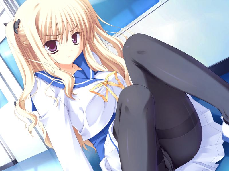 muririn, hibarigaoka yuki, bra-ban!, game cg, jpeg artifacts, 1girl, black pantyhose, blonde hair, blush, crotch seam, female focus, long hair, mole, mole under eye, panties, panties under pantyhose, pantyhose, pantyshot, purple eyes, school, school uniform, serafuku, sitting, skirt, solo, thighband pantyhose, twintails, underwear, upskirt