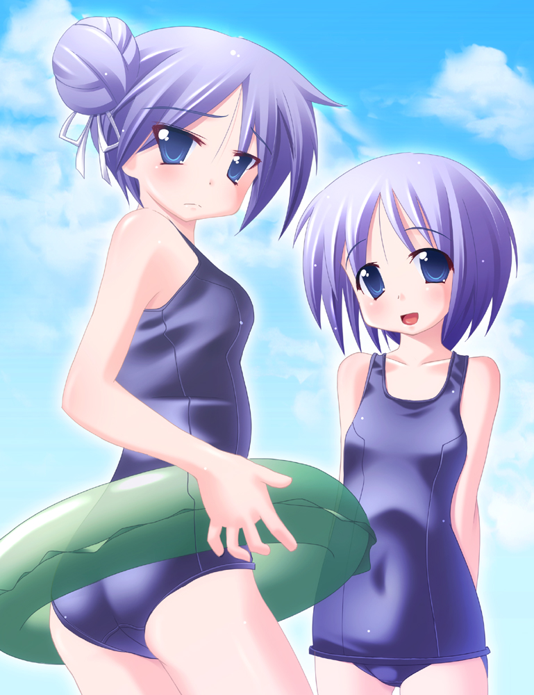 hiiragi kagami, hiiragi tsukasa, lucky star, 00s, 2girls, alternate hairstyle, double bun, hair bun, hair up, innertube, multiple girls, one-piece swimsuit, school swimsuit, siblings, sisters, swim ring, swimsuit, twins