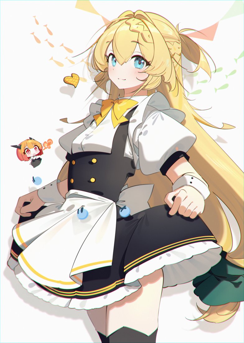 benio (dontsugel), aizawa azusa, laika (slime taoshite 300 nen), slime taoshite 300 nen shiranai uchi ni level max ni nattemashita, official art, 2girls, apron, black thighhighs, blonde hair, blue eyes, blush, bow, bowtie, braid, breasts, chibi, closed mouth, dragon girl, dragon horns, dress, green ribbon, hair between eyes, hair ribbon, heart, horns, long hair, looking at viewer, low-tied long hair, maid, multiple girls, open mouth, orange hair, puffy short sleeves, puffy sleeves, ribbon, short sleeves, simple background, slime (creature), smile, standing, thighhighs, thighs, very long hair, waist apron, white apron, white background, wrist cuffs, yellow bow, zettai ryouiki, | |