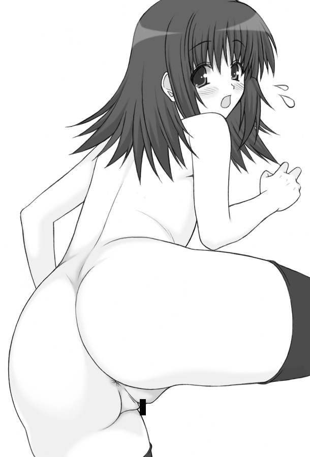shichimenchou, milfa (to heart), to heart (series), to heart 2, to heart 2 ad, 00s, 1girl, anus, ass, blush, censored, female focus, greyscale, monochrome, nude, pussy, simple background, solo, thighhighs, white background