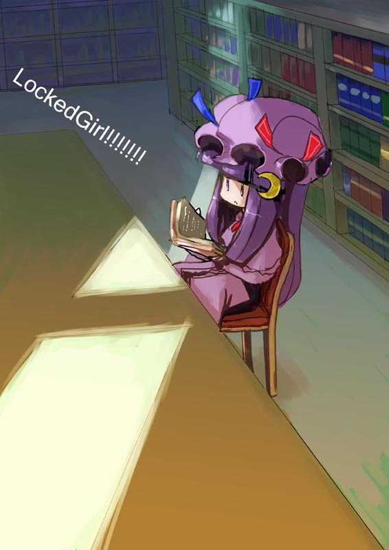 tao, tao (kadoya), patchouli knowledge, touhou, 1girl, :<, book, chibi, female focus, library, open book, reading, shade, sitting, solo, voile