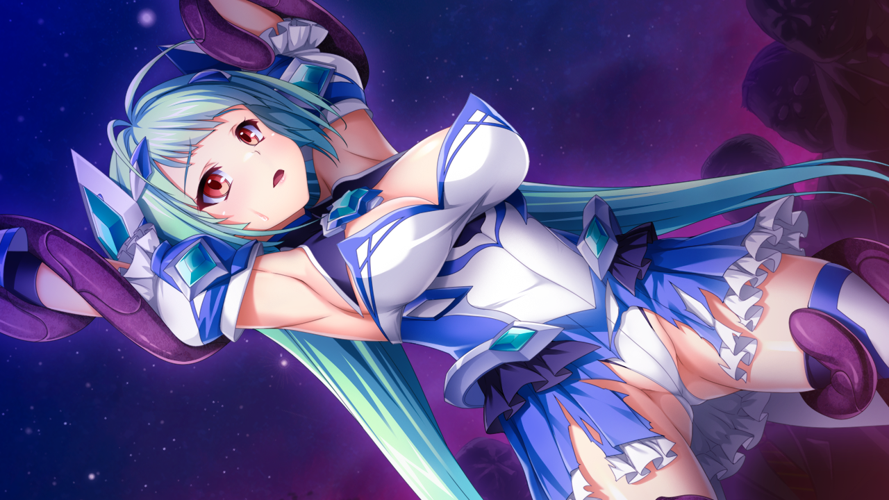kamitsurugi ouka, exs-tia aqua, kunijima chiaki, kouyoku senki exs-tia concert, game cg, non-web source, official art, variant set, 1girl, aqua hair, armpits, arms up, blue hair, blue skirt, breasts, chest jewel, cleavage, dutch angle, floating headgear, frilled skirt, frills, gluteal fold, hair ornament, headgear, imminent rape, large breasts, leotard, long hair, magical girl, night, open mouth, red eyes, restrained, shiny skin, showgirl skirt, skirt, sky, solo, solo focus, star (sky), starry sky, tentacles, thighhighs, torn clothes, torn leotard, torn skirt, twintails, very long hair, visual novel, white leotard, white thighhighs