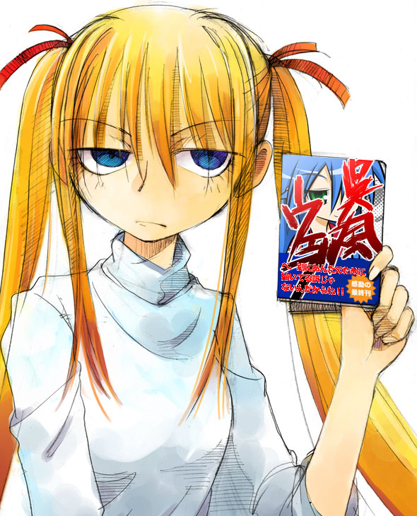 gofu, izumi konata, susanna hopkins, genshiken, lucky star, revision, translated, 00s, 1girl, blonde hair, blue eyes, cameo, female focus, long hair, simple background, solo, twintails, white background