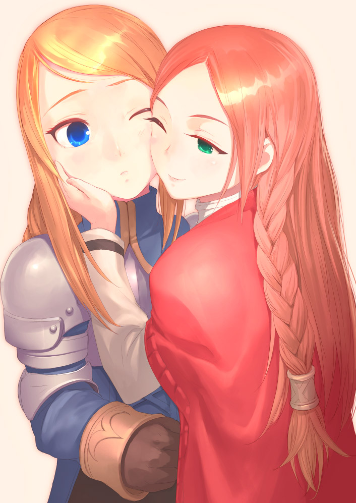 uni (plastic girl), agrias oaks, ovelia atkascha, final fantasy, final fantasy tactics, 2girls, blonde hair, blue eyes, braid, cheek-to-cheek, cheek press, green eyes, heads together, long hair, multiple girls, one eye closed, red hair, side braid, yuri
