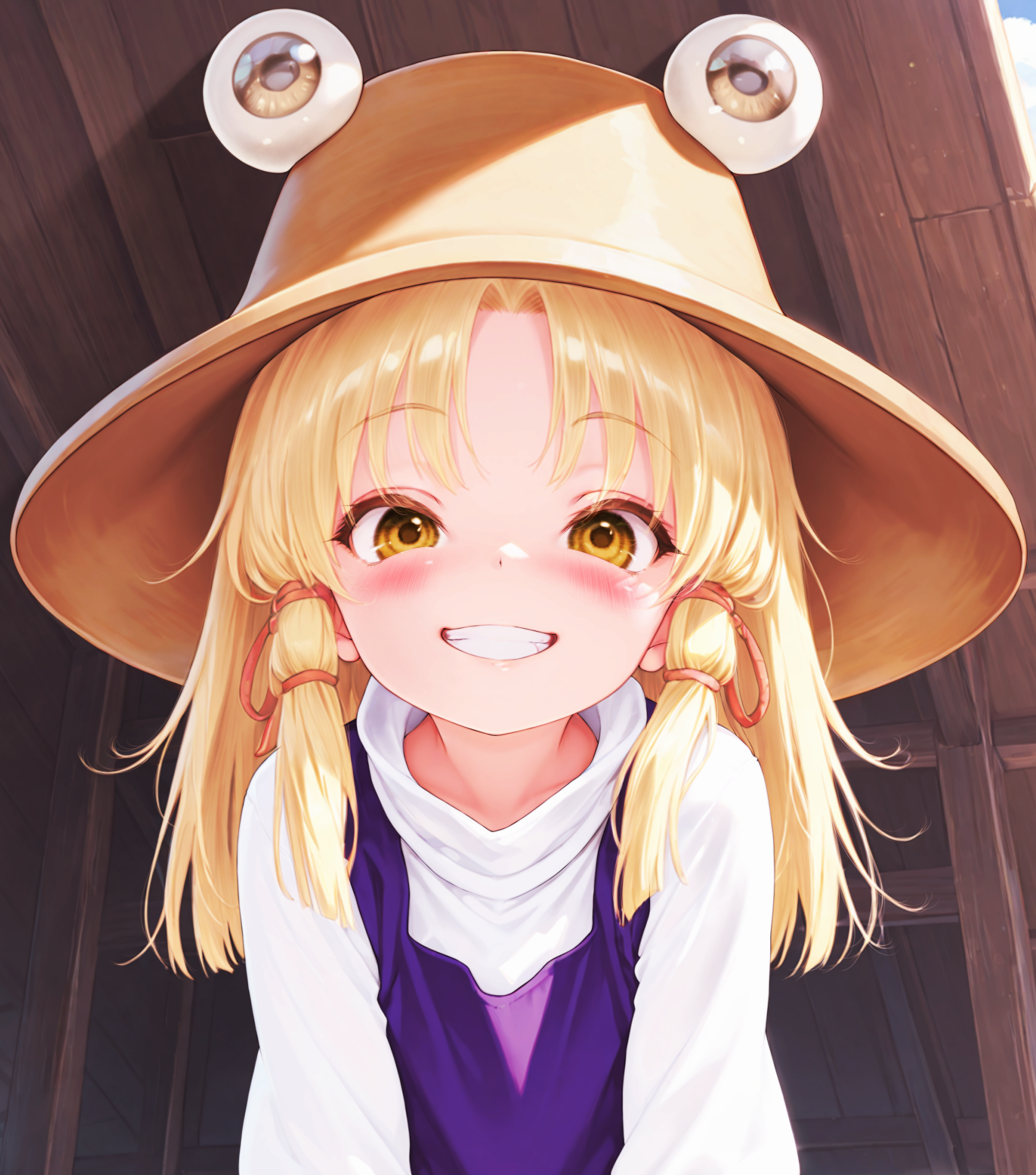 herma 666, moriya suwako, touhou, highres, 1girl, blonde hair, brown hat, grin, hat, light blush, long hair, looking at viewer, purple vest, shirt, smile, solo, turtleneck, turtleneck shirt, vest, white shirt, yellow eyes