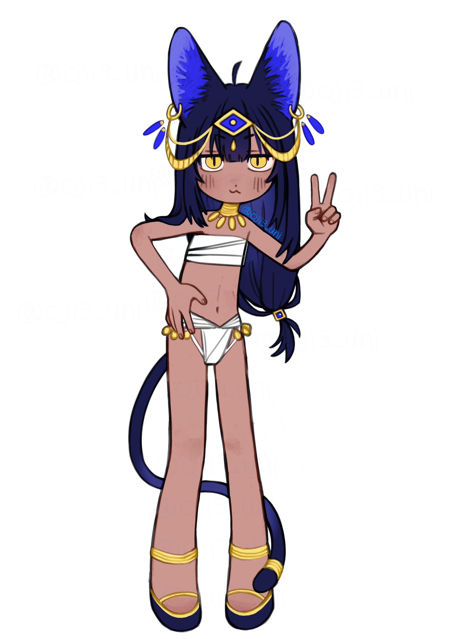 bastet (mythology), egyptian mythology, original, highres, 1girl, ancient egyptian, ancient egyptian clothes, animal ears, black hair, cat ears, cat girl, cat tail, dark-skinned female, dark skin, jewelry, piercing, solo, tail, tail ornament, tail ring, usekh collar, v, yellow eyes