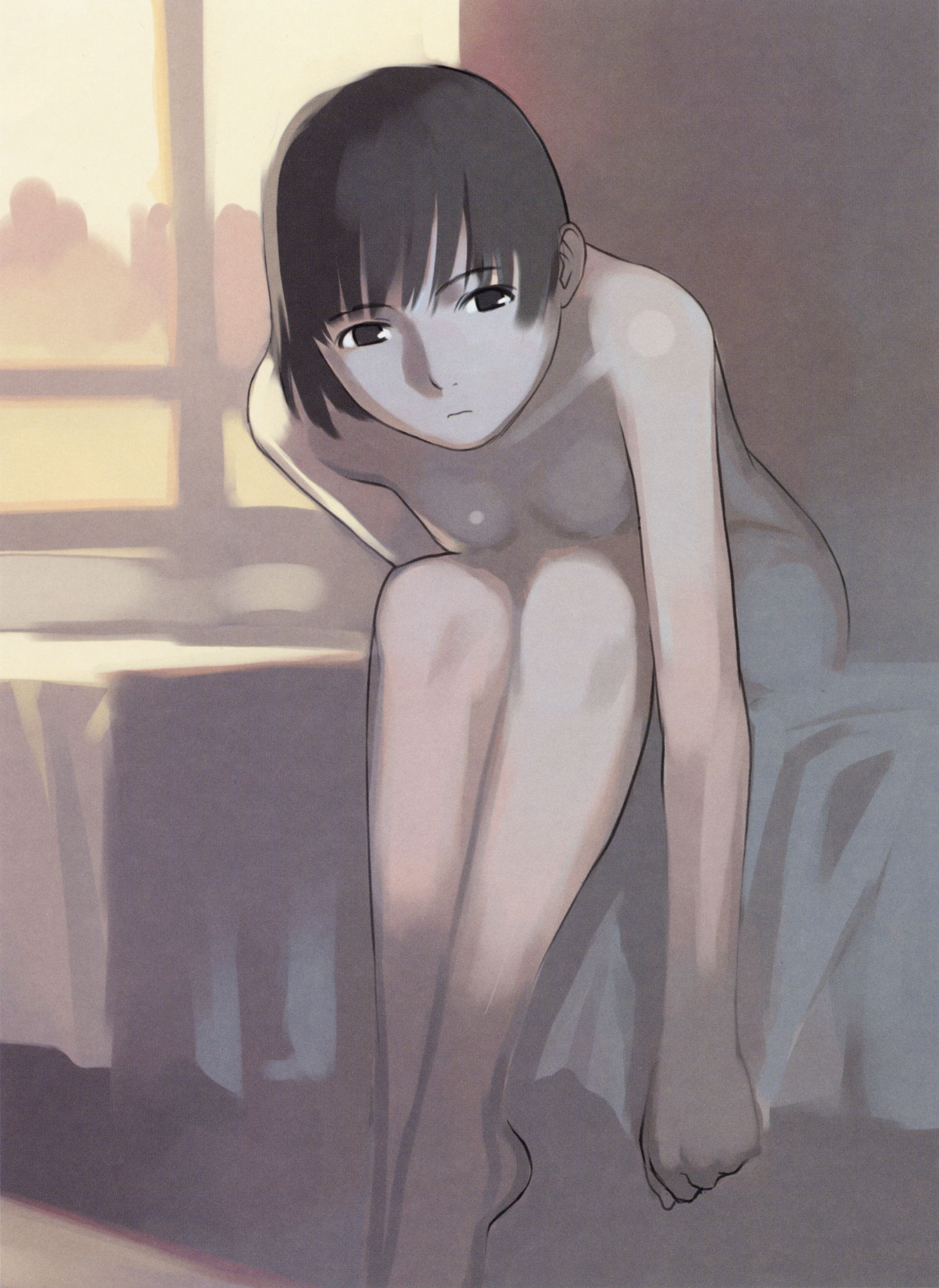 takamichi, highres, 1girl, barefoot, female focus, flat chest, nude, solo