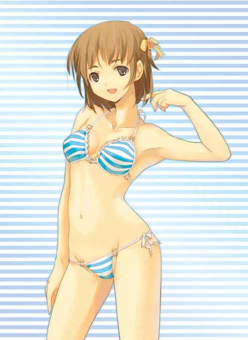 dasoku sentarou, original, 1girl, armpits, bikini, brown eyes, brown hair, cowboy shot, female focus, halterneck, o-ring, o-ring bikini, short hair, side-tie bikini bottom, solo, striped bikini, striped clothes, swimsuit