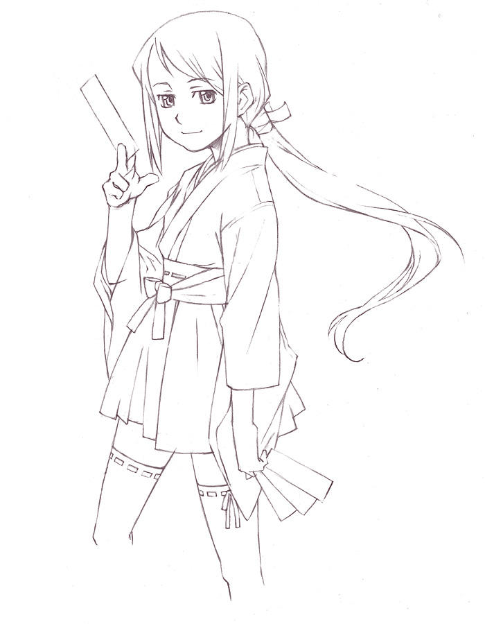 nyaou, original, 1girl, adapted uniform, female focus, greyscale, japanese clothes, miko, monochrome, ofuda, solo, thighhighs, zettai ryouiki