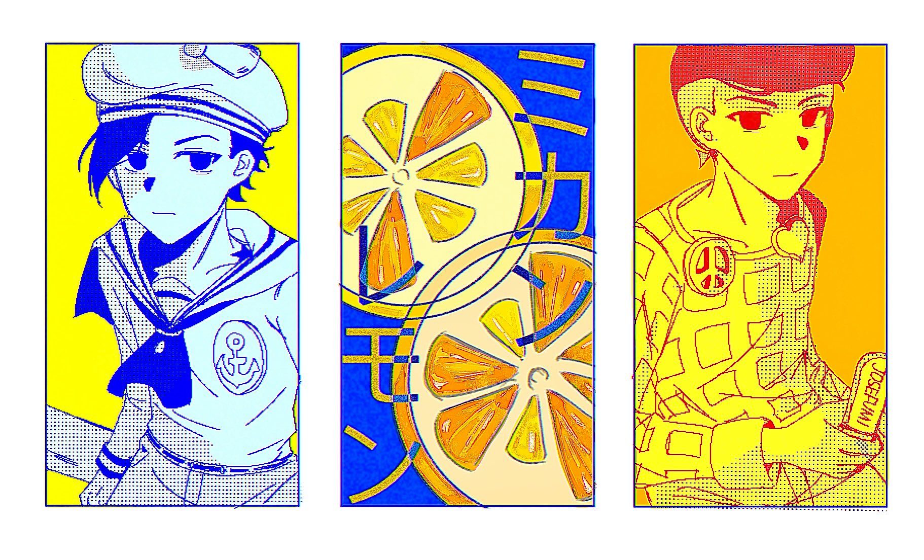 kira yoshikage (jojolion), jojo no kimyou na bouken, jojolion, hashtag-only commentary, highres, translation request, 2boys, anchor ornament, blue background, cellphone, character name, checkered clothes, checkered shirt, closed mouth, flip phone, food, fruit, hat, heart ornament, holding, holding phone, kujo josefumi, lemon, lemon slice, limited palette, looking at viewer, male focus, multiple boys, multiple monochrome, orange (fruit), orange background, orange slice, peace symbol, phone, planet 402, pompadour, sailor, sailor collar, sailor hat, shirt, short hair, yellow background, yellow theme
