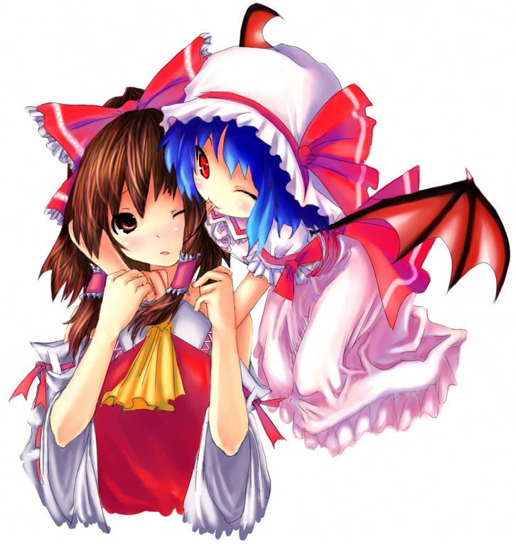 kuroneko jiji, hakurei reimu, remilia scarlet, touhou, biting ear, 2girls, ascot, bat wings, biting, blouse, female focus, frilled hair tubes, frills, hair tubes, hat, mob cap, multiple girls, red shirt, shirt, simple background, sleeveless, sleeveless shirt, white background, white hat, wings, yellow ascot