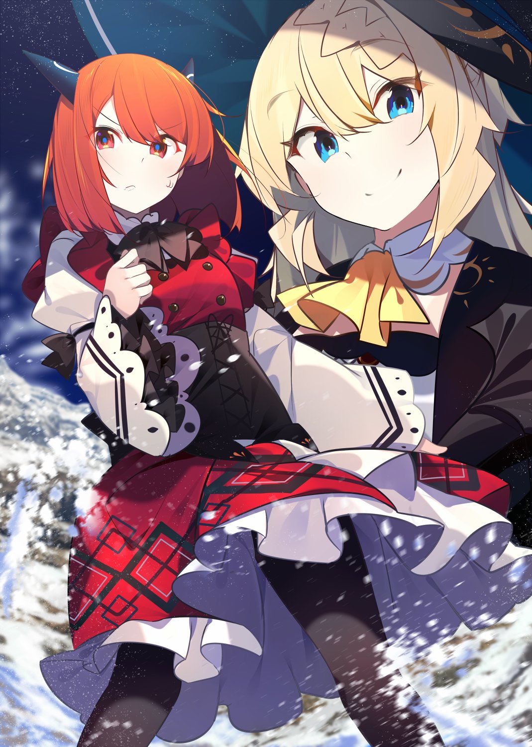 benio (dontsugel), aizawa azusa, laika (slime taoshite 300 nen), slime taoshite 300 nen shiranai uchi ni level max ni nattemashita, highres, official art, 2girls, ascot, black bow, black corset, black pantyhose, black robe, blonde hair, blue eyes, blurry, blush, bob cut, bow, bowtie, braid, breasts, closed mouth, cloud, collar, corset, cowboy shot, detached collar, dragon girl, dragon horns, dress, eyebrows hidden by hair, frilled dress, frills, hair between eyes, hat, horns, juliet sleeves, large hat, long hair, long sleeves, looking at viewer, multiple girls, open clothes, open robe, orange hair, outdoors, pantyhose, puffy sleeves, red dress, red eyes, robe, shirt, short hair, sky, smile, standing, strapless, strapless shirt, sweat, upper body, v-shaped eyebrows, white collar, white shirt, wide sleeves, witch, witch hat, yellow ascot