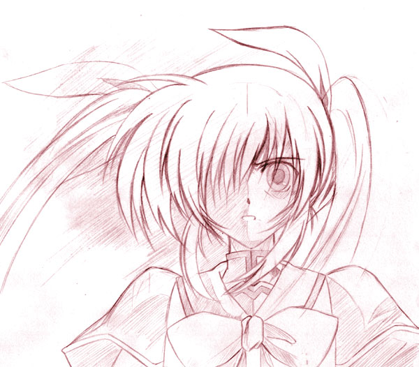 kagura yuuto, takamachi nanoha, lyrical nanoha, mahou shoujo lyrical nanoha, mahou shoujo lyrical nanoha strikers, 00s, 1girl, bow, female focus, magical girl, monochrome, pink theme, solo, twintails, white devil