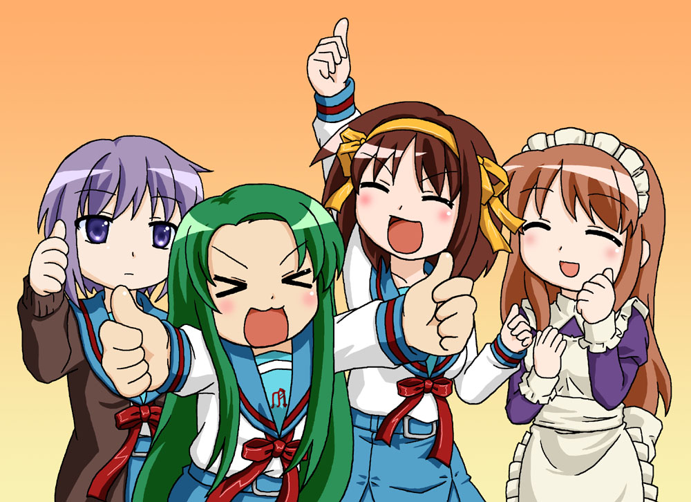 beni (bluebluesky), asahina mikuru, nagato yuki, suzumiya haruhi, tsuruya, lucky star, suzumiya haruhi no yuuutsu, brown hair, long hair, parody, short hair, very long hair