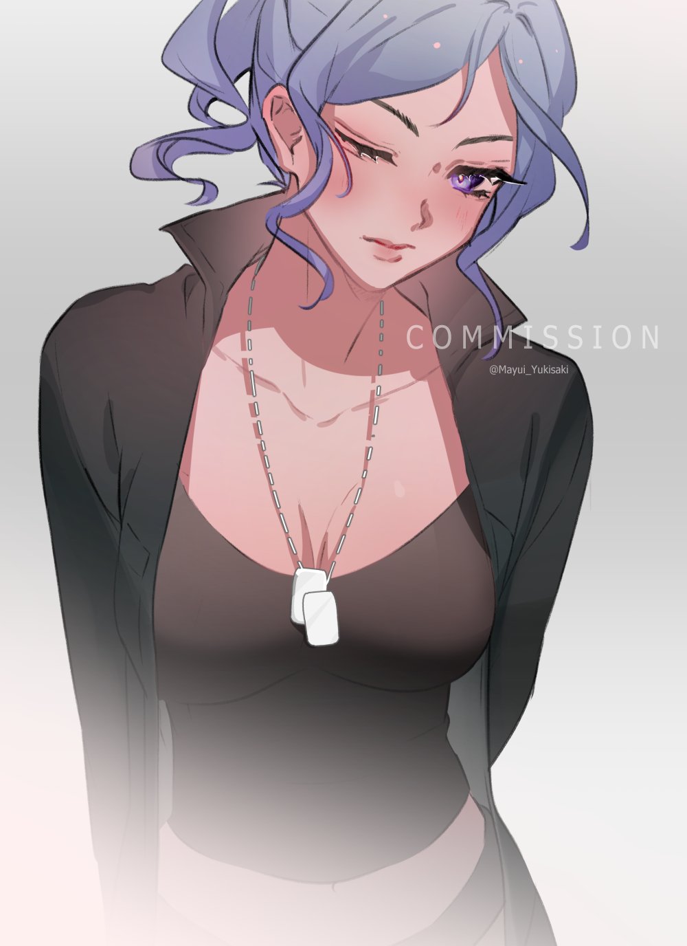 yukisaki mayui, original, commentary, commission, english commentary, highres, 1girl, artist name, black jacket, black shirt, breasts, cleavage, closed mouth, collarbone, cowboy shot, grey background, jacket, jewelry, long sleeves, looking at viewer, medium breasts, necklace, one eye closed, open clothes, open jacket, parted bangs, purple eyes, purple hair, shirt, simple background, solo