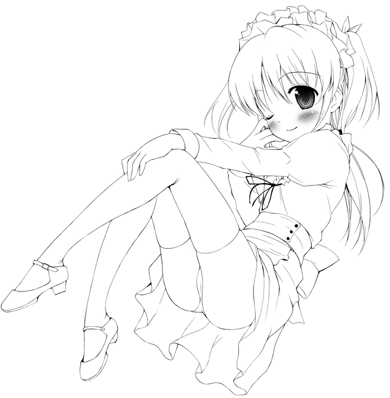 nullken, character request, source request, 1girl, blush, female focus, greyscale, maid, monochrome, one eye closed, simple background, smile, solo, thighhighs, white background