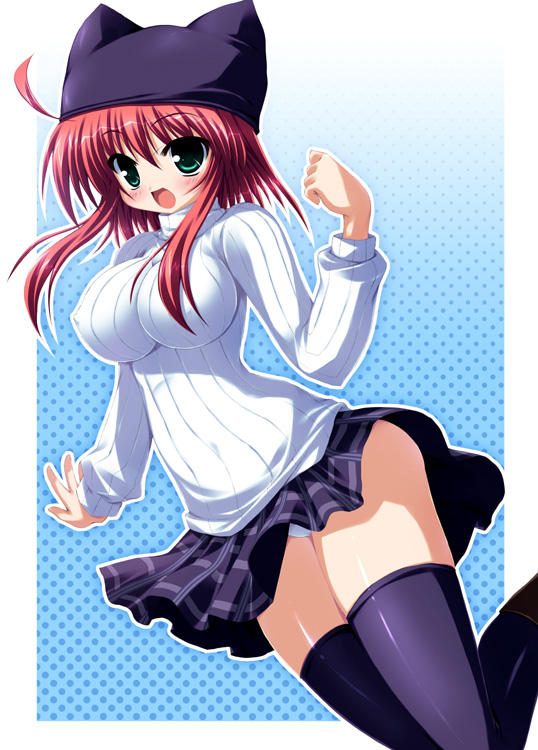 takeponi, character request, copyright request, 1girl, animal ears, blue background, cat ears, female focus, green eyes, impossible clothes, impossible sweater, polka dot, polka dot background, red hair, solo, sweater, thighhighs, zettai ryouiki
