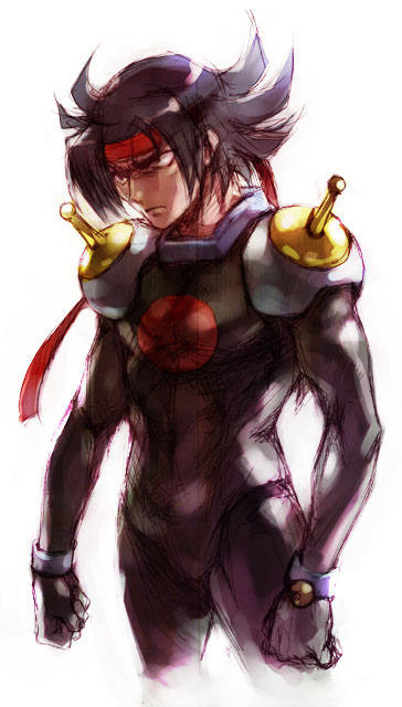 nakamura kanko, domon kasshu, g gundam, gundam, 1990s (style), 1boy, black eyes, black hair, hachimaki, headband, male focus, mecha pilot suit, mobile trace suit, retro artstyle, serious, skin tight, solo, spiked hair